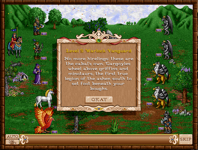 A Heroes II battle on a grassy field, a Sorceress army facing gargoyles and griffins
