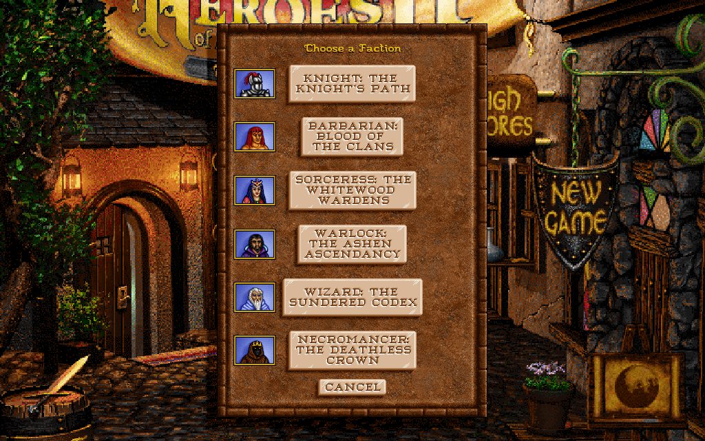 The Choose a Faction menu listing all six campaigns with hero portraits