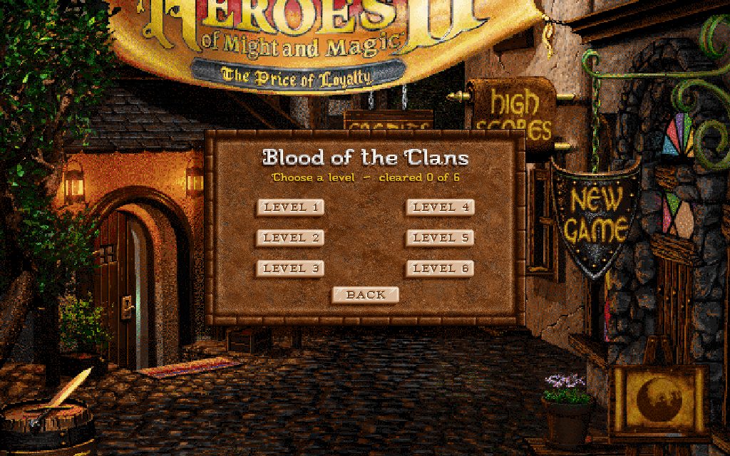 The level picker for Blood of the Clans, showing six levels and 'cleared 0 of 6'