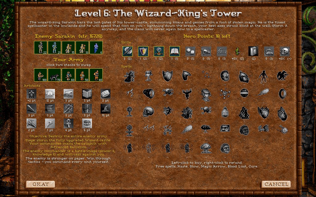 The pre-battle loadout screen, showing both armies and the skills and spells you can buy